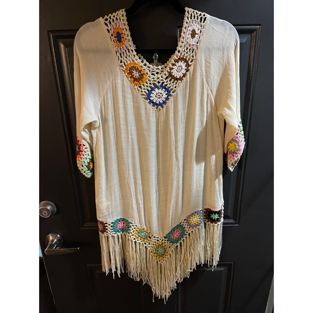 SHEIN Women's S Cream Granny Square Crochet Fringe Boho Tunic Cover Up